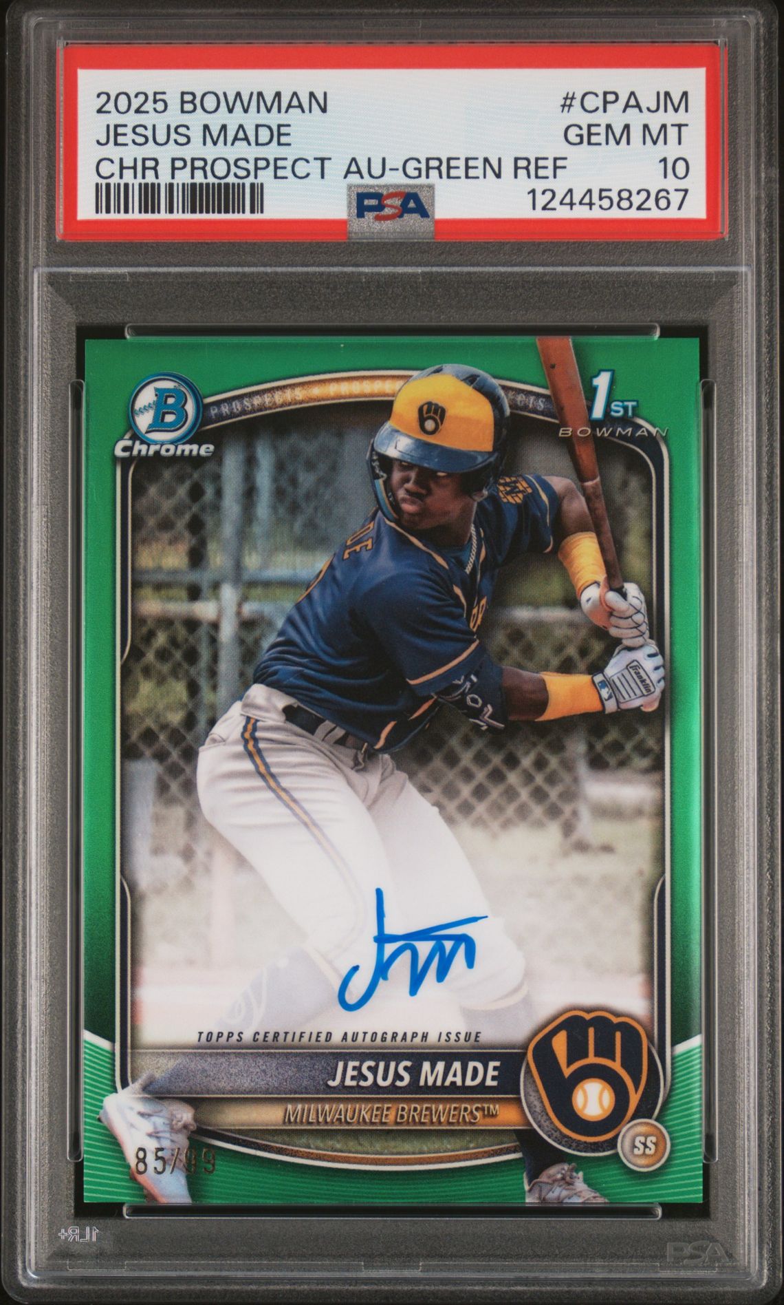2025 Bowman Chrome Prospect Autographs Jesus Made #Cpajm (Chr Prospect Au-Green Ref) Gem Mt 10 front