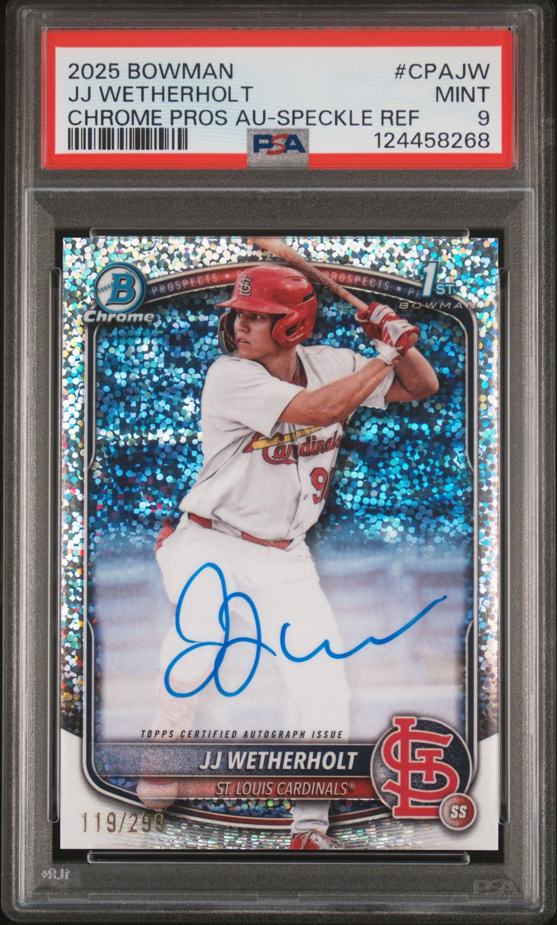 2025 Bowman Chrome Prospect Autographs Jj Wetherholt #Cpajw (Chrome Pros Au-Speckle Ref) Mint 9 front