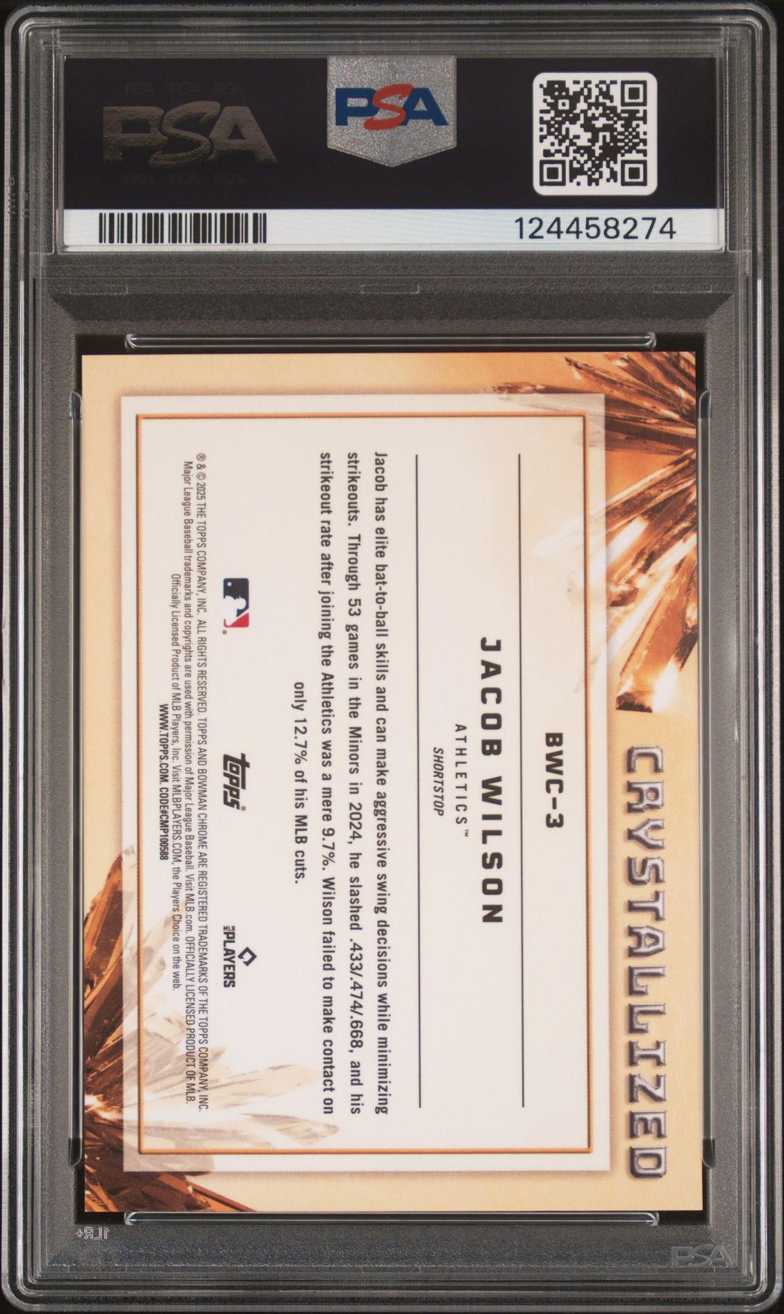 2025 Bowman Crystallized Jacob Wilson #Bwc3 Gem Mt 10 back