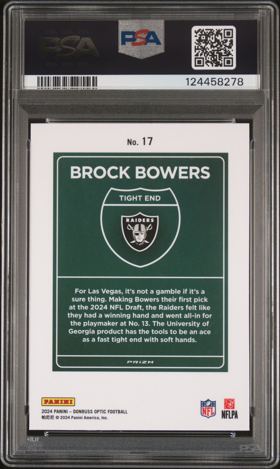 2024 Panini Donruss Optic Downtown! Brock Bowers #17 Gem Mt 10 back