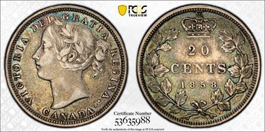 1858 20C Re-engraved 5 XF40