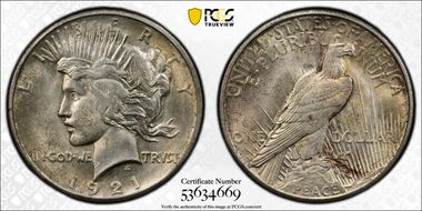 1921 $1 High Relief, Peace AU58