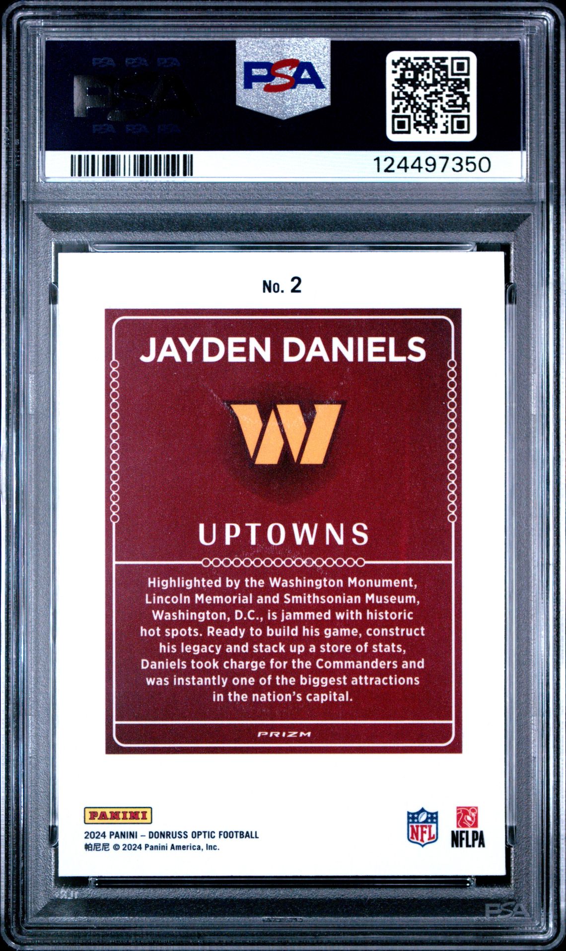 2024 Panini Donruss Optic Uptowns Jayden Daniels #2 Gem Mt 10 back view - PSA certificate #124497350