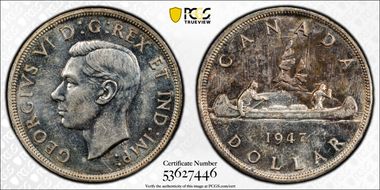 1947 S$1 Maple Leaf Doubled HP AU58