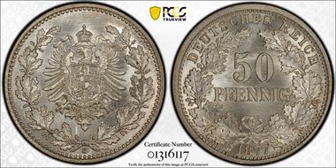 1877-C 50 Pfg Type II With Wreath J-8 MS67