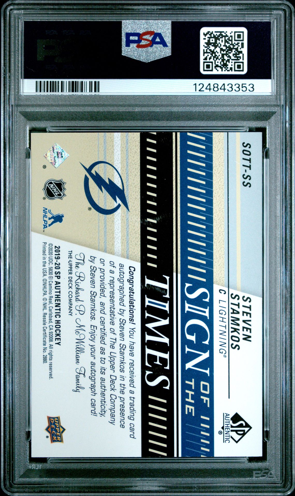 2020 Sp Authentic Update Steven Stamkos #Ss (Upd-'19 Spa Sign/Times) Gem Mt 10 back