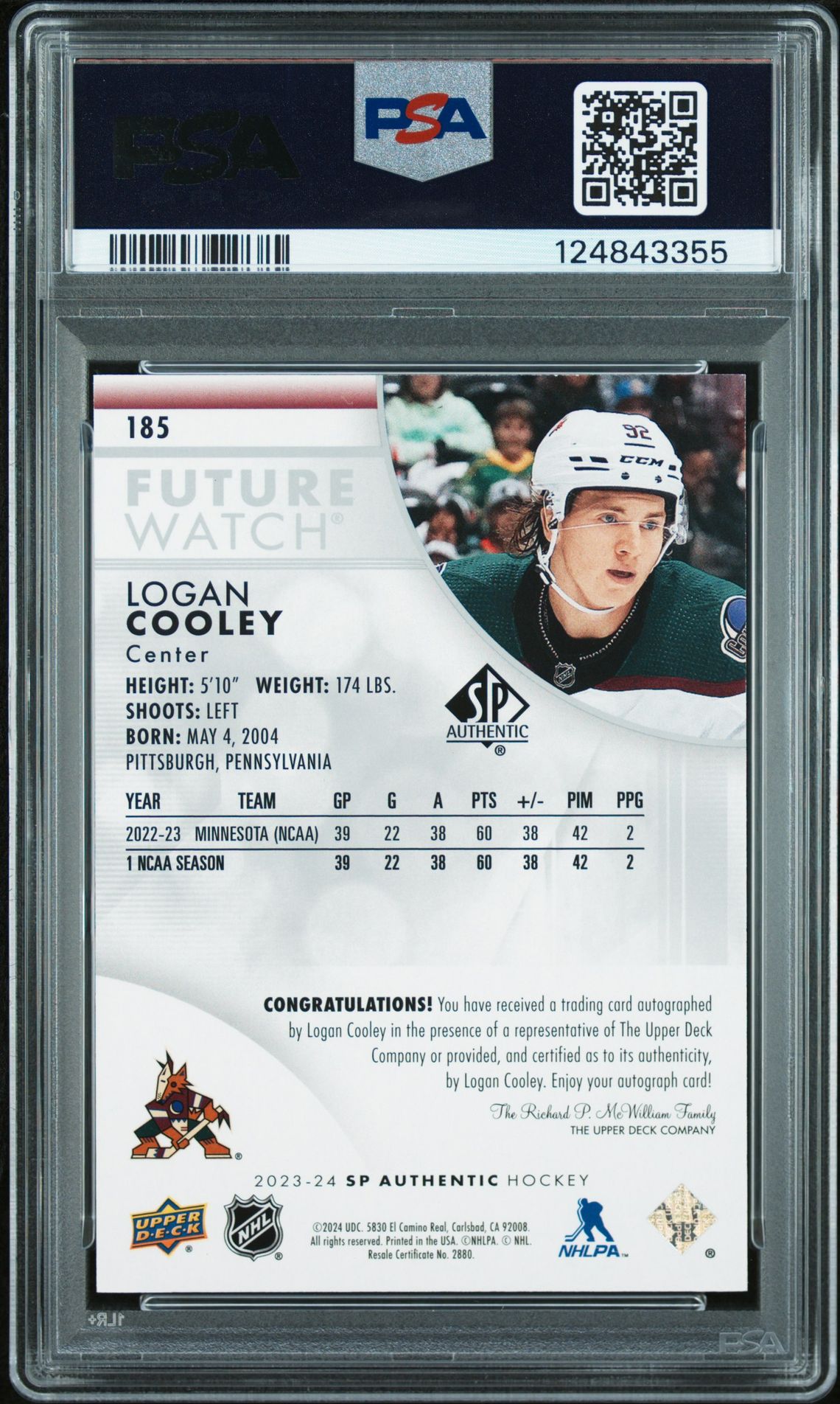 2023 Sp Authentic Logan Cooley #185 (Autograph) Mint 9 back