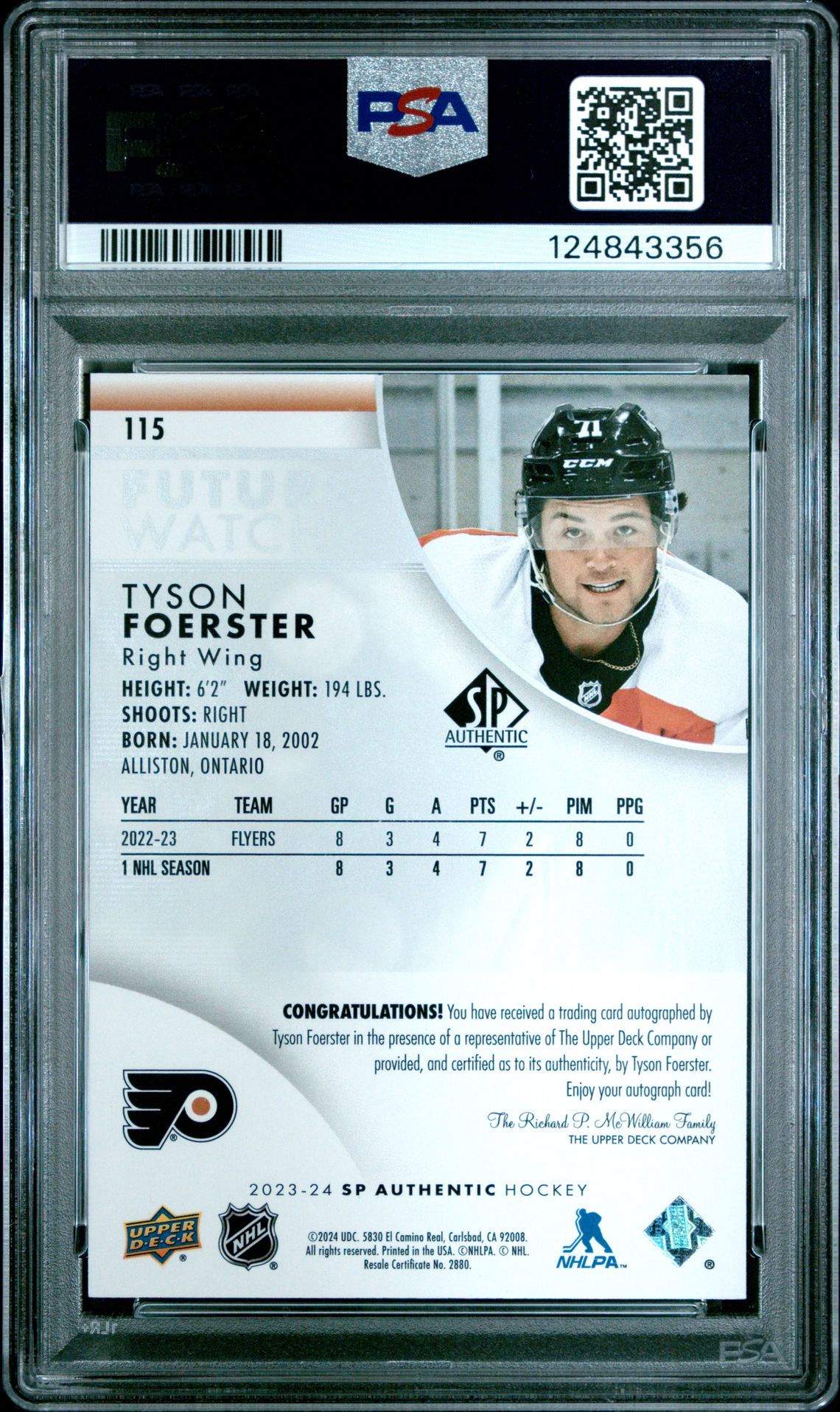 2023 Sp Authentic Tyson Foerster #115 (Autograph) Mint 9 back