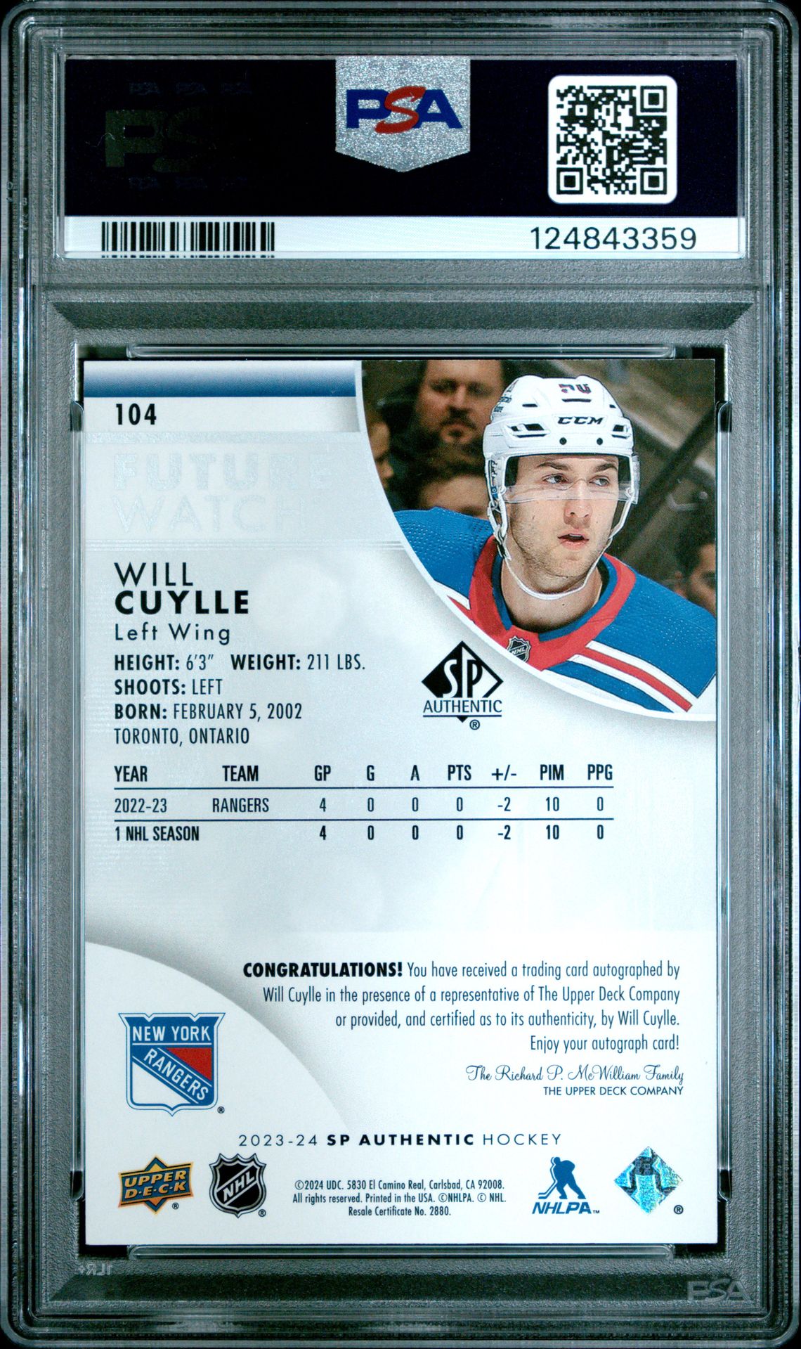 2023 Sp Authentic Will Cuylle #104 (Autograph) Mint 9 back