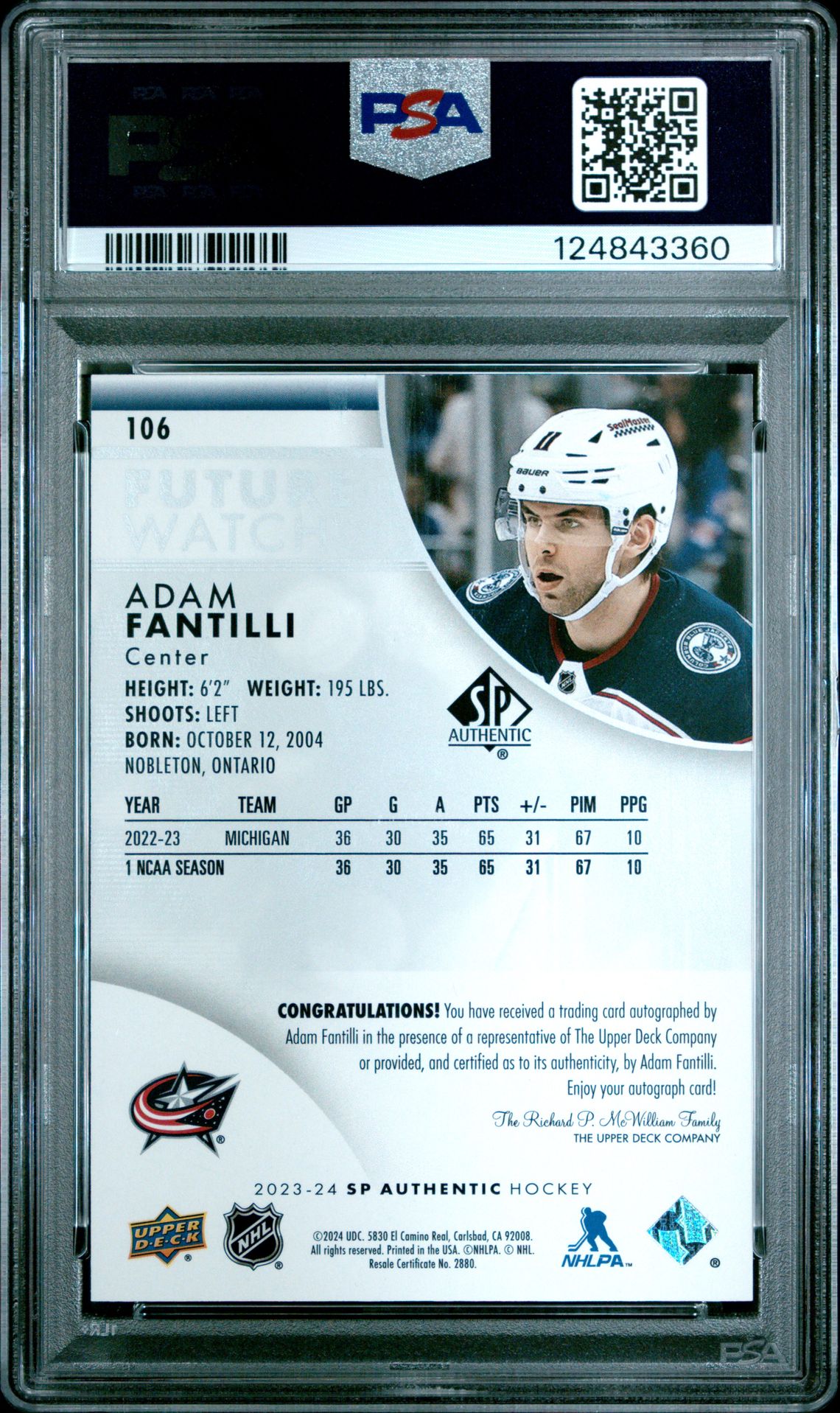 2023 Sp Authentic Adam Fantilli #106 (Autograph) Mint 9 back