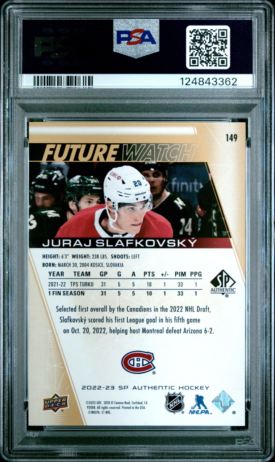 2022 Sp Authentic Juraj Slafkovsky #149 (Limited Gold) Gem Mt 10 back