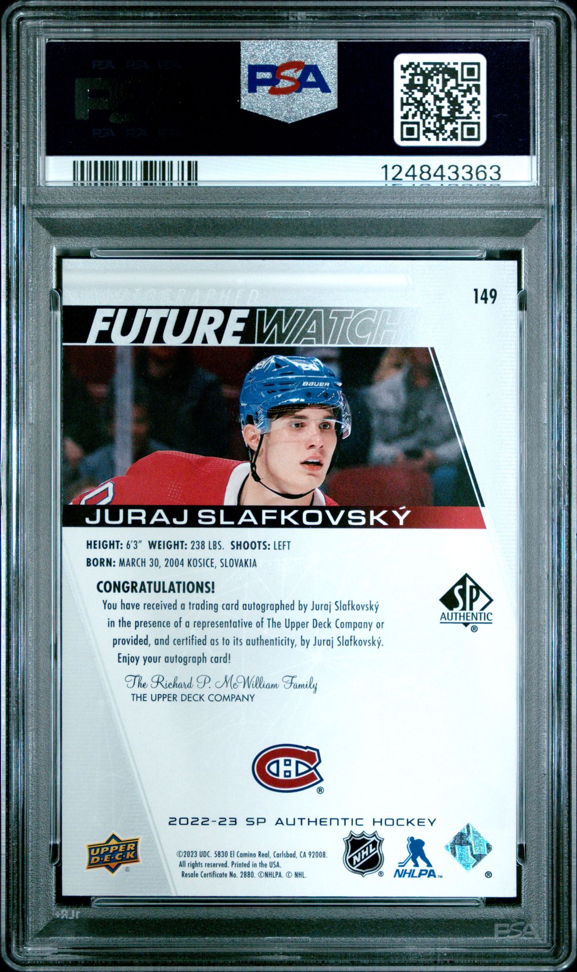 2022 Sp Authentic Juraj Slafkovsky #149 (Autograph) Mint 9 back