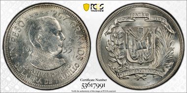 1955 Peso Trujillo Regime KM-23  Ag MS63