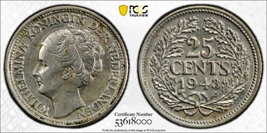 1943-P 25C Palm Tree privy KM-38  Ag AU58