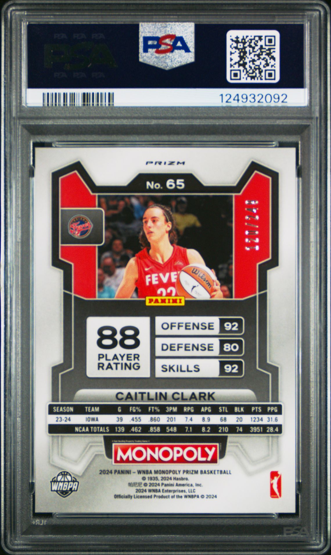 2024 Panini Prizm Monopoly Wnba Caitlin Clark #65 (Brown Prizm) Gem Mt 10 back