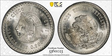 1947-Mo 5 Peso Cuauhtemoc KM-465 Ag MS66