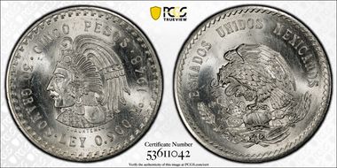 1948-Mo 5 Peso Cuauhtemoc KM-465  Ag MS63