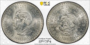 1957-Mo 10 Peso Constitution KM-475  Ag MS62