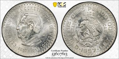 1957-Mo 10 Peso Constitution KM-475  Ag MS61