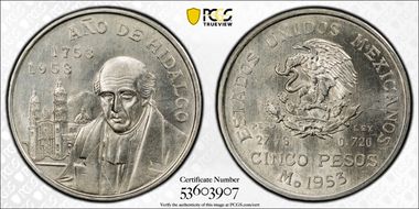 1953-Mo 5 Peso Bicentennial of Hidalgo KM-468  Ag MS63