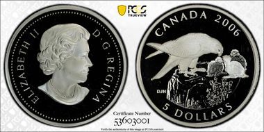 2006 $5 Peregrine Falcon PR67DCAM