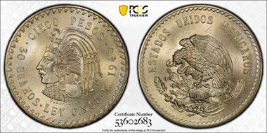 1948-Mo 5 Peso Cuauhtemoc KM-465  Ag MS66