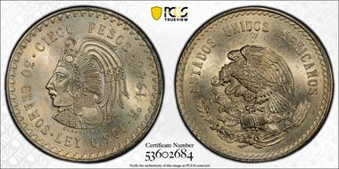 1948-Mo 5 Peso Cuauhtemoc KM-465  Ag MS65