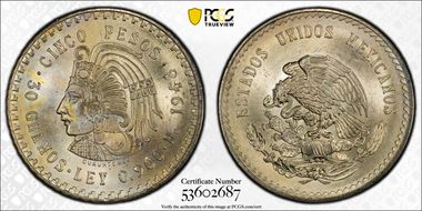 1948-Mo 5 Peso Cuauhtemoc KM-465  Ag MS66
