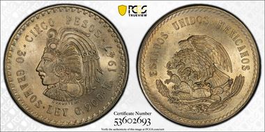 1947-Mo 5 Peso Cuauhtemoc KM-465 Ag MS64