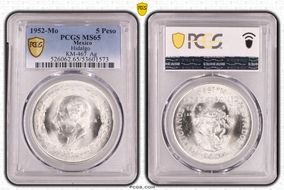 1952-Mo 5 Peso Hidalgo KM-467  Ag MS65