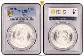 1953-Mo 5 Peso Hidalgo KM-467 Ag MS64