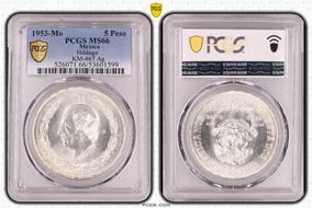 1953-Mo 5 Peso Hidalgo KM-467 Ag MS66