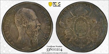 1866-Pi Peso Maximilian KM-388.2 Ag XF45