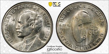 1953 25C Jose Marti KM-27  Ag MS65