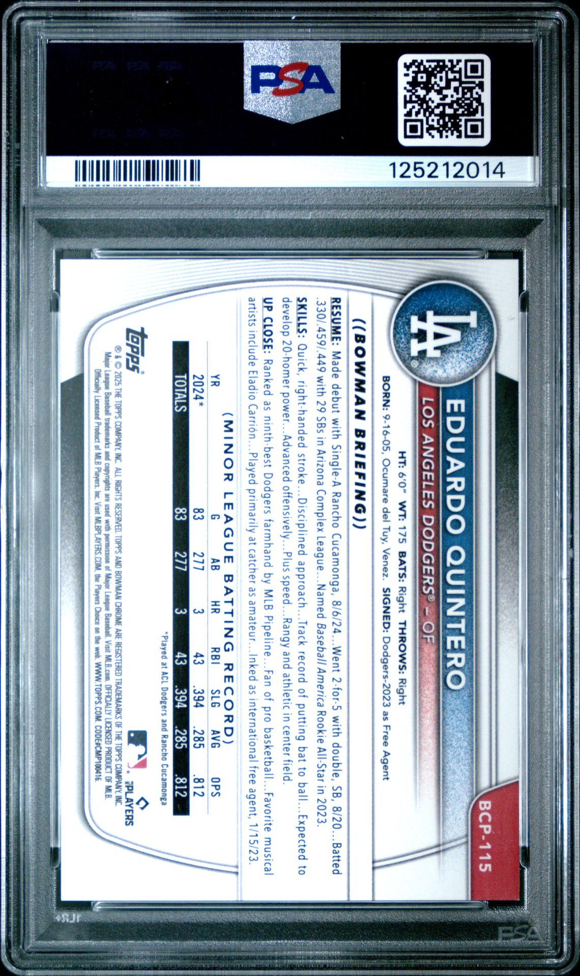 2025 Bowman Chrome Prospects Eduardo Quintero #Bcp115 (Chr Pros-Orange Reptilian) Gem Mt 10 back