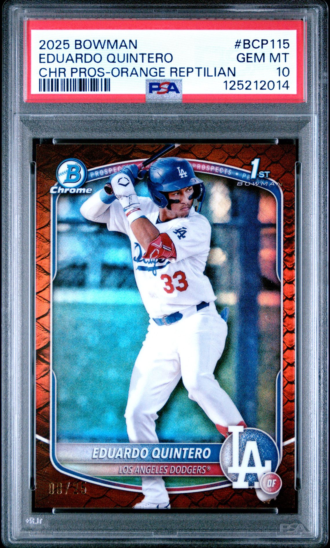 2025 Bowman Chrome Prospects Eduardo Quintero #Bcp115 (Chr Pros-Orange Reptilian) Gem Mt 10 front