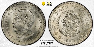 1957-Mo 5 Peso Constitution KM-470  Ag MS64
