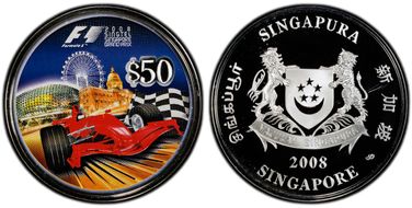 2008-SM $50 Formula 1 Grand Prix KM-288 Colorized Ag PR68DCAM