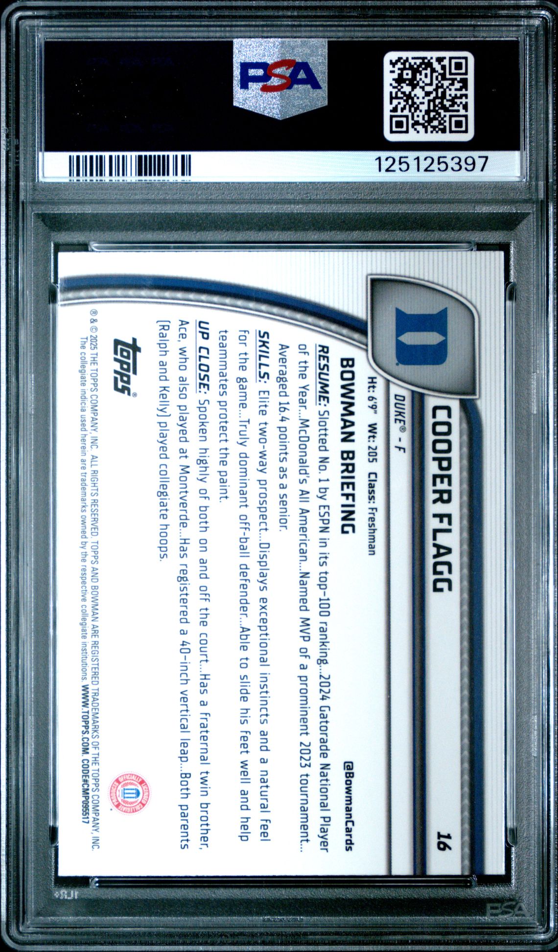 2024 Bowman Chrome University Cooper Flagg #16 (Blue Refractor) Gem Mt 10 back