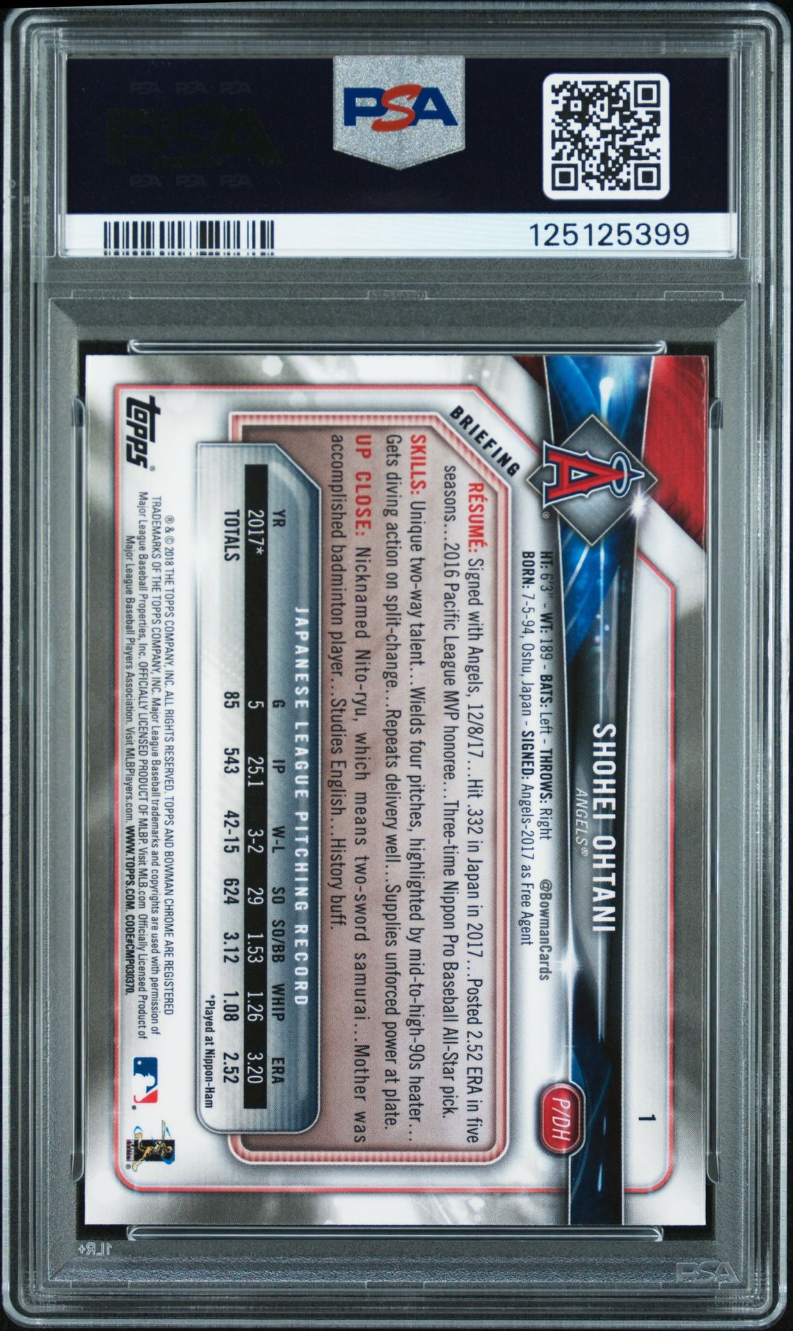 2018 Bowman Chrome Shohei Ohtani #1 Gem Mt 10 back