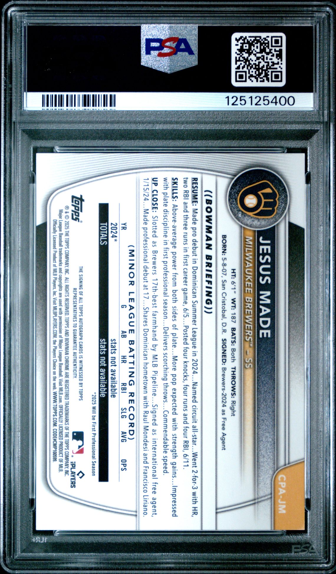 2025 Bowman Chrome Prospect Autographs Jesus Made #Cpajm (Chrome Prospect Autograph) Mint 9 back