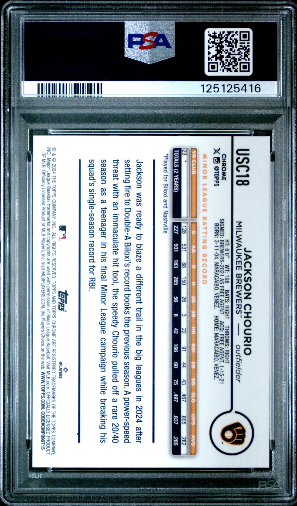 2024 Topps Chrome Update Jackson Chourio #Usc18 (Gold Raywave) Mint 9 back