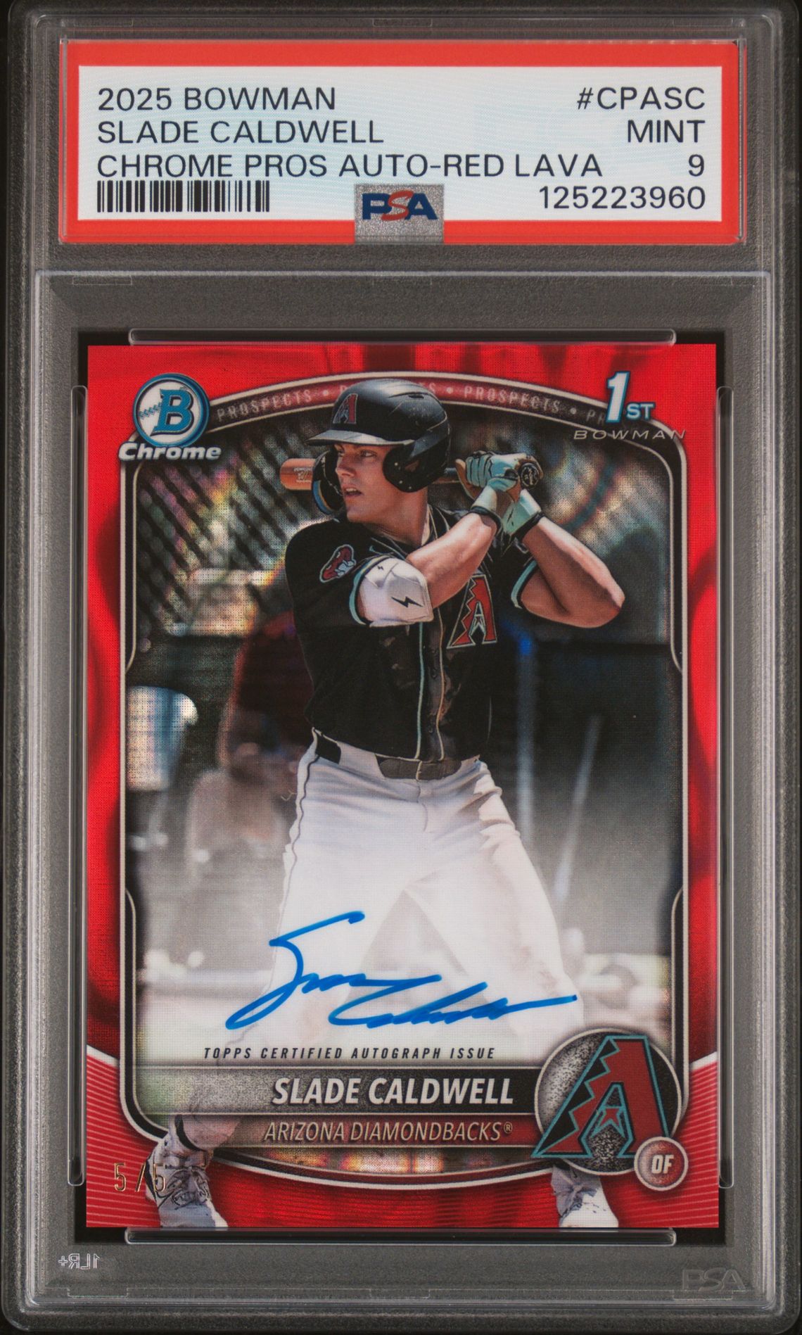 2025 Bowman Chrome Prospect Autographs Slade Caldwell #Cpasc (Chrome Pros Auto-Red Lava) Mint 9 front