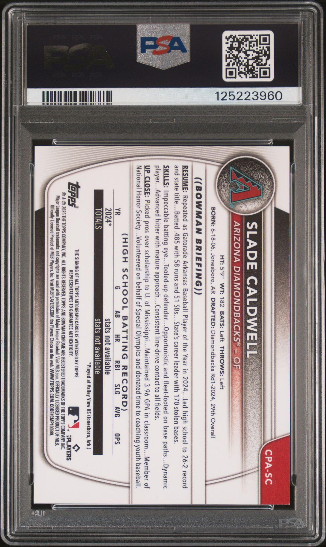 2025 Bowman Chrome Prospect Autographs Slade Caldwell #Cpasc (Chrome Pros Auto-Red Lava) Mint 9 back