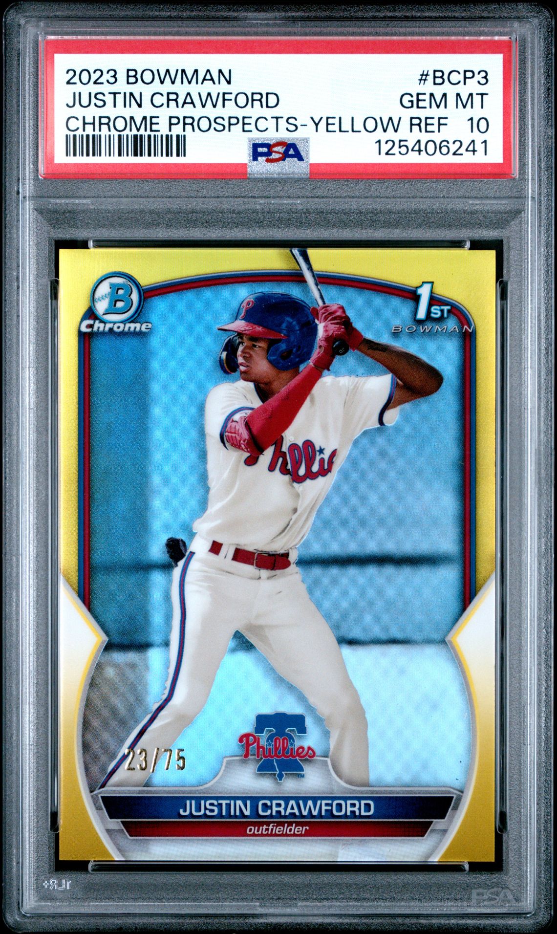 2023 Bowman Chrome Prospects Justin Crawford #Bcp3 (Chrome Prospects-Ylw Ref) Gem Mt 10 front