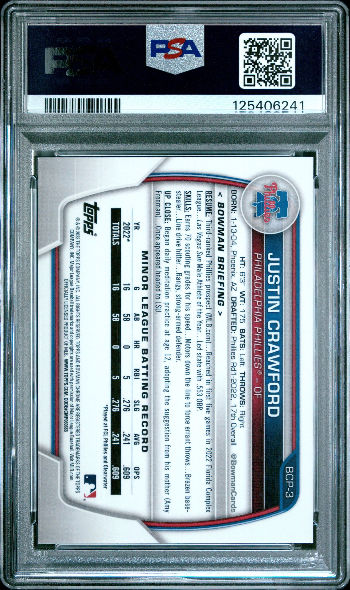 2023 Bowman Chrome Prospects Justin Crawford #Bcp3 (Chrome Prospects-Ylw Ref) Gem Mt 10 back