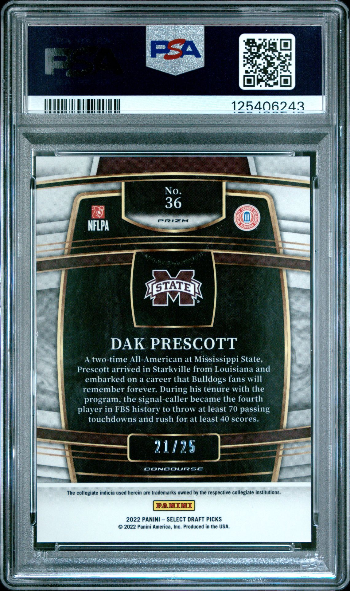 2022 Panini Select Draft Picks Dak Prescott #36 (Tie-Dye Prizm) Mint 9 back