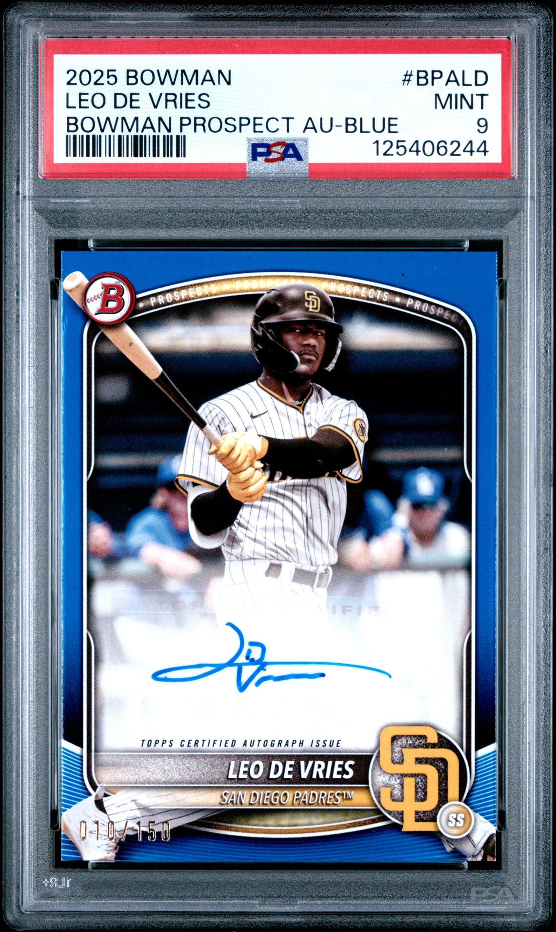 2025 Bowman Bowman Prospect Autographs Leo De Vries #Bpald (Bowman Prospect Au-Blue) Mint 9 front