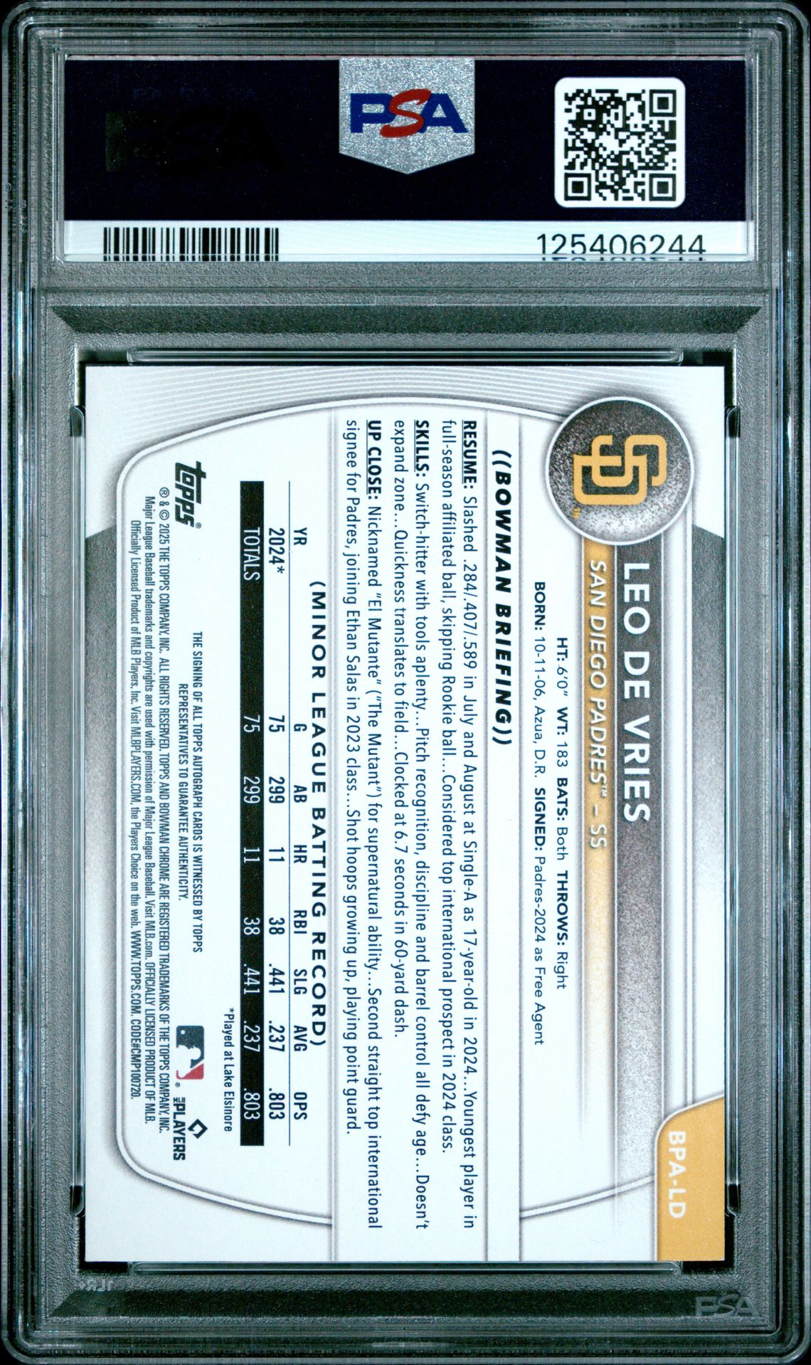 2025 Bowman Bowman Prospect Autographs Leo De Vries #Bpald (Bowman Prospect Au-Blue) Mint 9 back