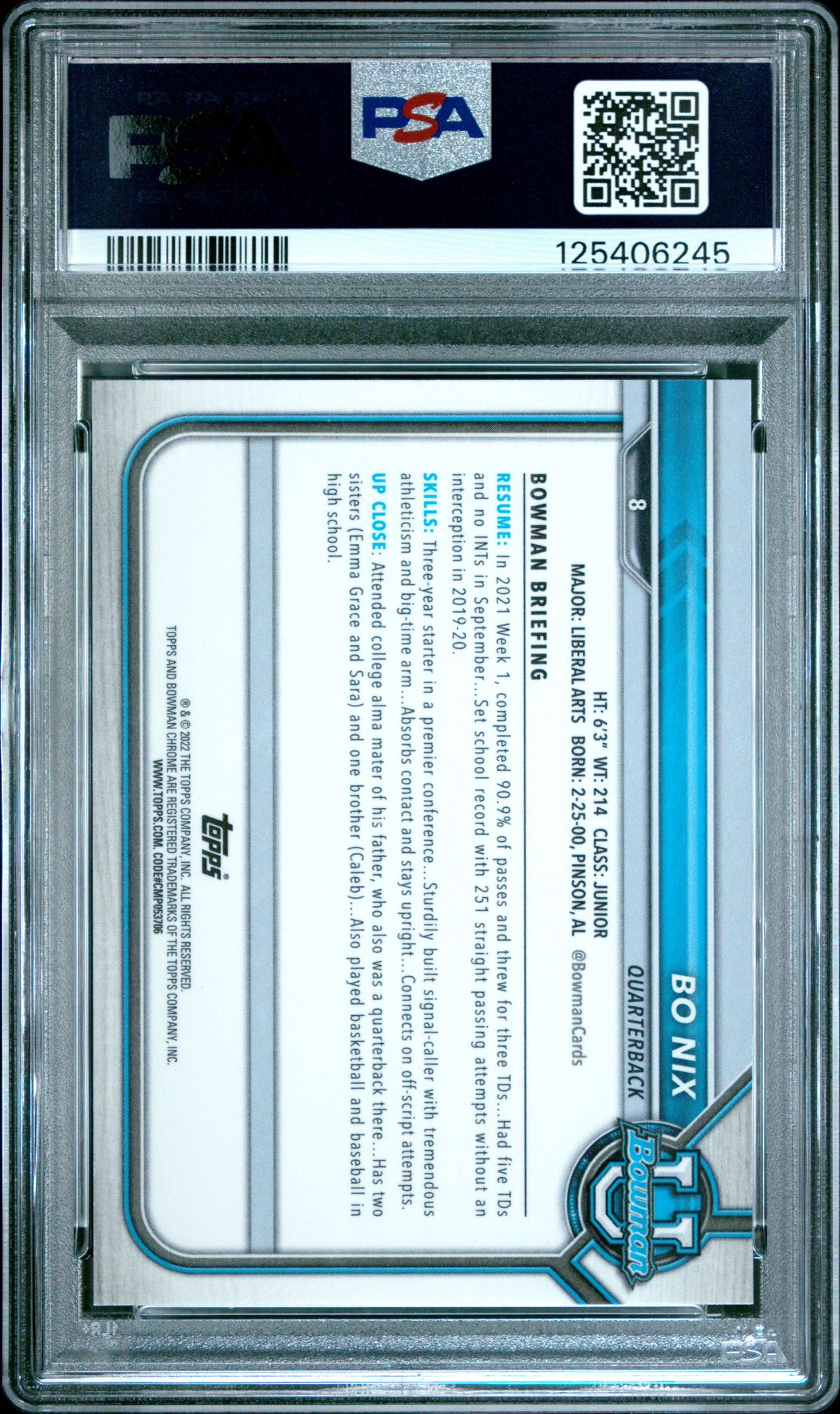 2021 Bowman University Chrome Prospects Bo Nix #8 (Ch.prs-Fuchsia Mn.dmd.ref.) Gem Mt 10 back